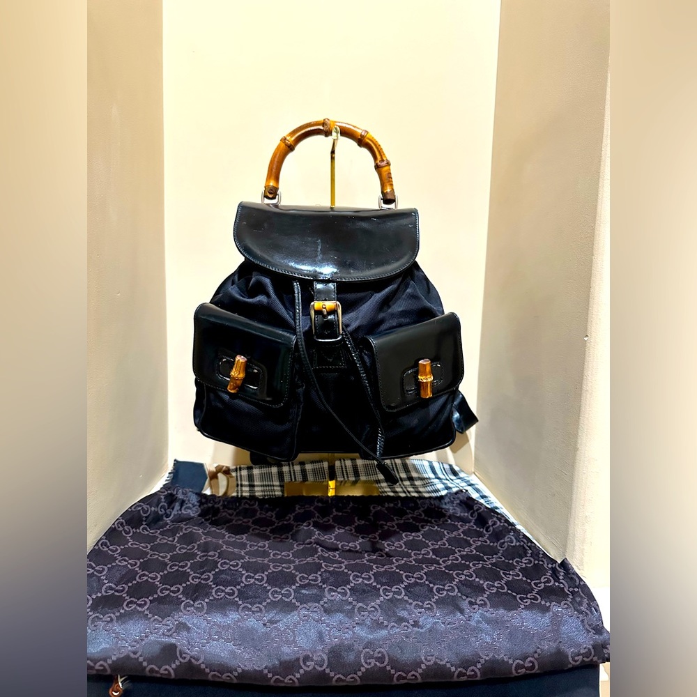 Auth. Gucci Nylon and Leather Bamboo Backpack